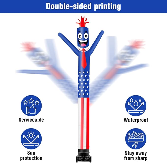 20FT Tall Inflatable Tube Man American Flag Wacky Wavy Dancing Guy with 1.5 HP Weather-Resistant Blower (18''Diameter) for Outdoor Decoration Advertising Business Promotion