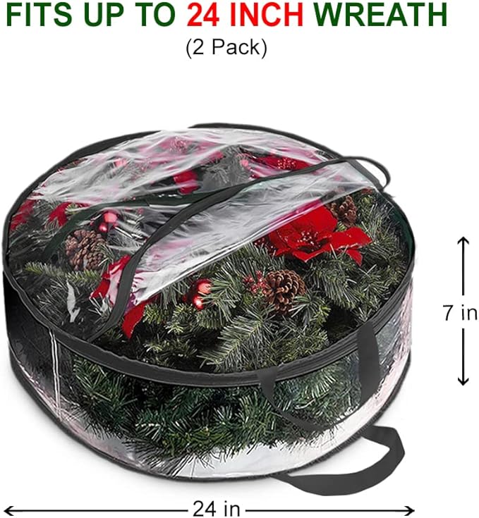 ProPik Christmas Wreath Storage Bag 24" - 2 Pack Clear Christmas Wreath Storage Container- Garland Holiday Artificial Wreath Storage Holder –Water Proof Transparent PVC (24 Inch, Black)