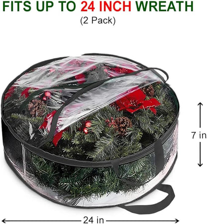 ProPik Christmas Wreath Storage Bag 24" - 2 Pack Clear Christmas Wreath Storage Container- Garland Holiday Artificial Wreath Storage Holder –Water Proof Transparent PVC (24 Inch, Black)