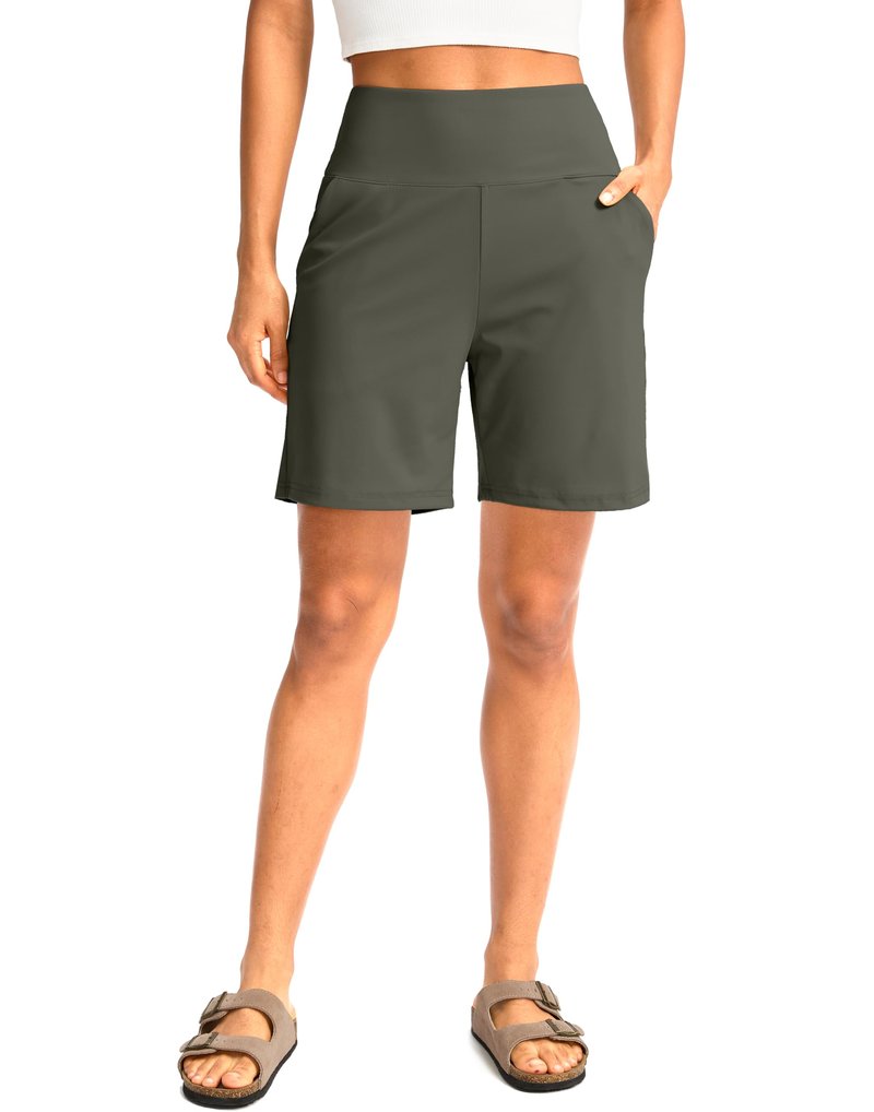 G Gradual Women's Bermuda Long Shorts with Pockets 7" High Waisted Knee Length Shorts for Women Walking Athletic Workout(Grey Sage-L7,XL)