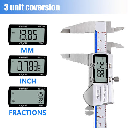 Digital Caliper Measuring Tool, IP54 Waterproof Stainless Steel Vernier Caliper Digital Micrometer with Large LCD Screen, Easy Switch from Inch Metric, 6 Inch Caliper Tool for DIY/Household