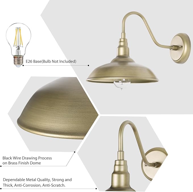 Brass Outdoor Gooseneck Light, 10'' Diameter Gooseneck Barn Wall Sconce for Porch, Exterior Waterproof Farmhouse Light Fixture with Wall Mount, 2 Pack, LM2201-GL-2P