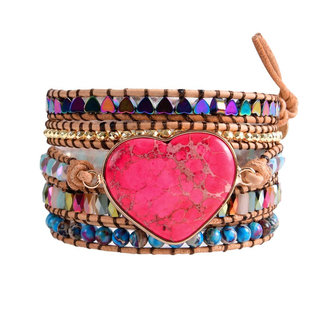 YGLINE 5 Wrap Leather Bead Bracelet for Men Women Cuff Rope Adjustable Handmade Yoga Healing Stone Beads Bracelet