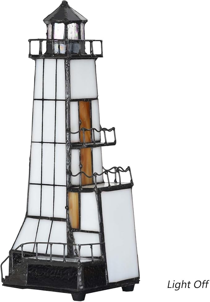 Bieye L10779 Lighthouse Tiffany Style Stained Glass Accent Table Lamp Night Light with Lookout Platform for Home Decoration (4x6x11, Brown)