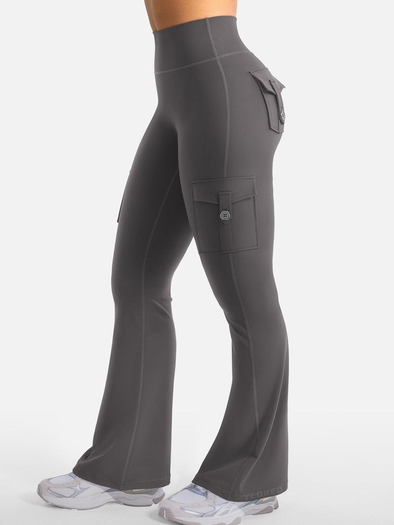 YEOREO CoreFlex Women Workout Flare Leggings with Pockets Hidden Scrunch High Waisted Cargo Gym Yoga No Front Seam Leggings Dark Grey M