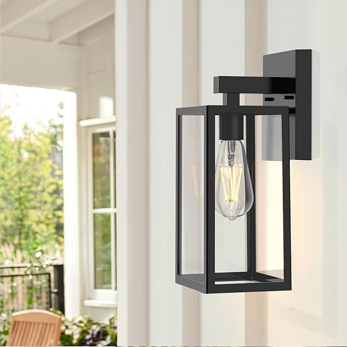 MAXvolador Outdoor Wall Sconce, Exterior Waterproof Wall Lantern Light Fixtures, Black Porch Lights with Toughened Glass Shade, Anti-Rust E26 Socket Front Door Mount Lighting, 2 Pack