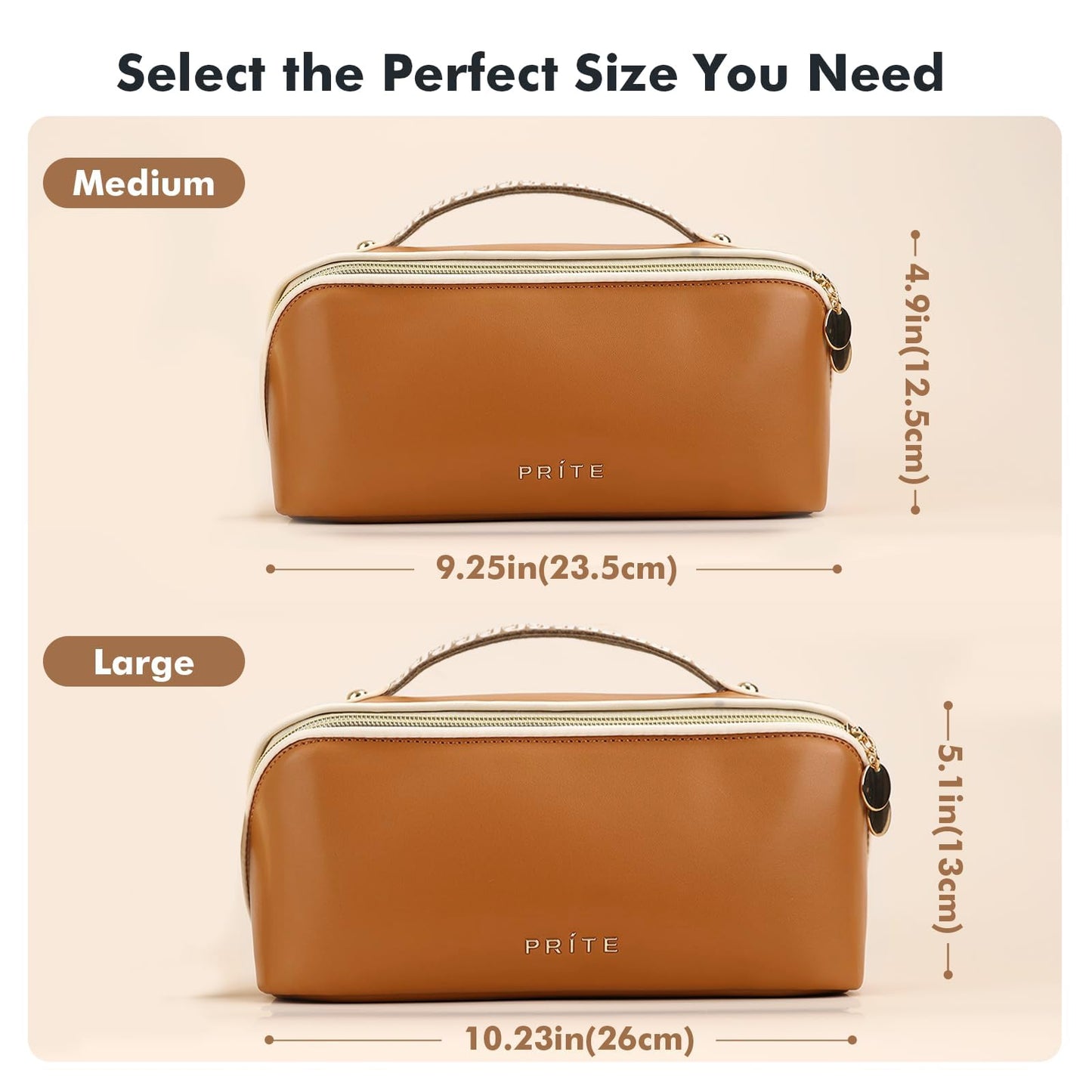 Prite Makeup Bag for Women Travel Waterproof Vegan Leather Cosmetic Bag Open Flat Toiletry Bag With Clear Divider and Handle (New Brown, Medium)
