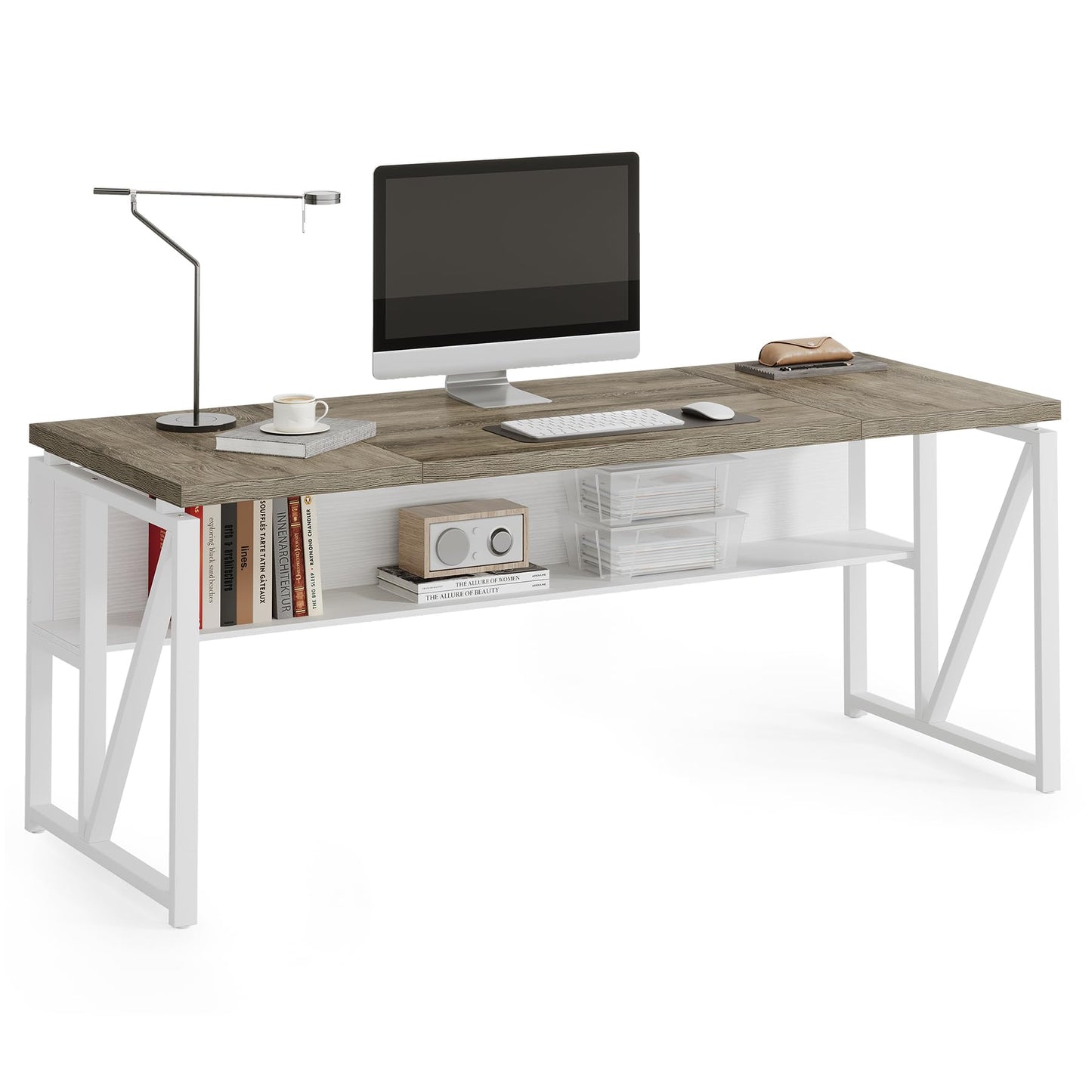 LITTLE TREE 63-Inch Executive Office Desk, Large Computer Desk with Storage Shelf, Executive Desk with Metal Frame, Thickened Desktop, Study Writing Desk Work Station for Home Office, Grey + White