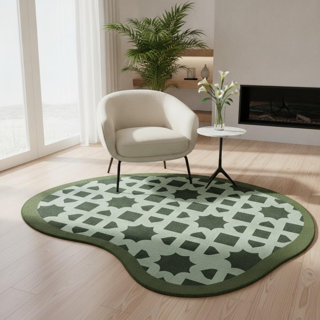 Navy Blue Beige Green Irregular Shaped Rug Modern Abstract Unique Geometric Pattern Art Deco Area Rug for Living Room Bedroom Kitchen Non Slip Stain Resistant Under Dining Table Floor Rug 3ft