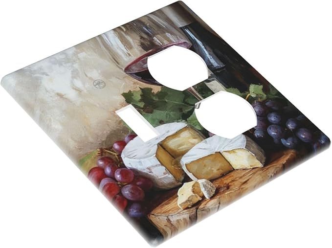 Decorative Art Light Switch Covers Wineglass & Artisanal Cheeses 2 Gang Single Toggle Duplex Combination Electrical Faceplate Switchplate Wall Plate for Home Decor