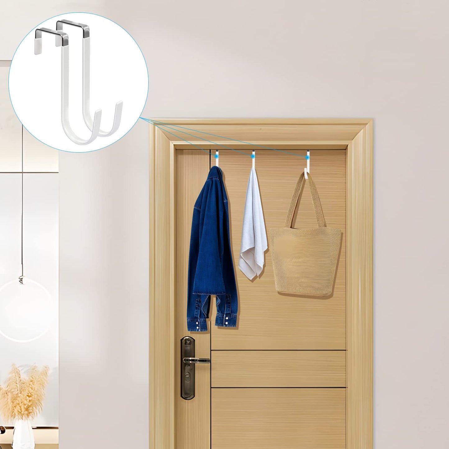 FYY Over The Door Hooks, 4 Pack Hangers Hooks with Rubber Prevent Scratches Heavy Duty Organizer for Living Room, Bathroom, Bedroom, Kitchen Hanging Clothes, Towels, Hats, Coats, Bags White