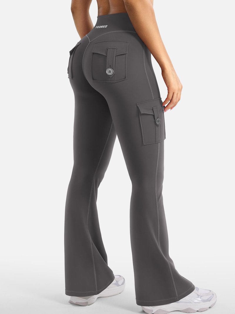 YEOREO CoreFlex Women Workout Flare Leggings with Pockets Hidden Scrunch High Waisted Cargo Gym Yoga No Front Seam Leggings Dark Grey M