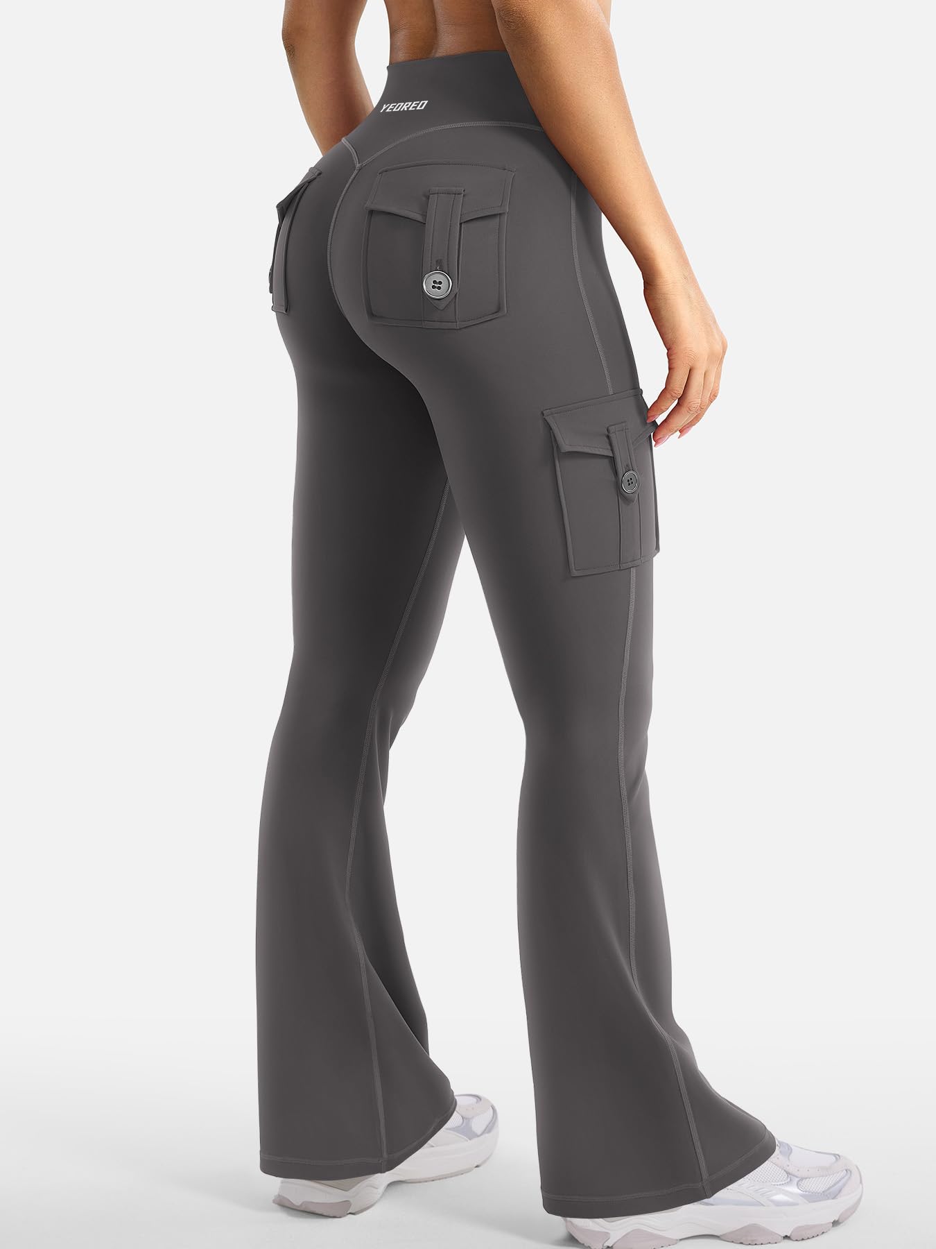 YEOREO CoreFlex Women Workout Flare Leggings with Pockets Hidden Scrunch High Waisted Cargo Gym Yoga No Front Seam Leggings Dark Grey XL