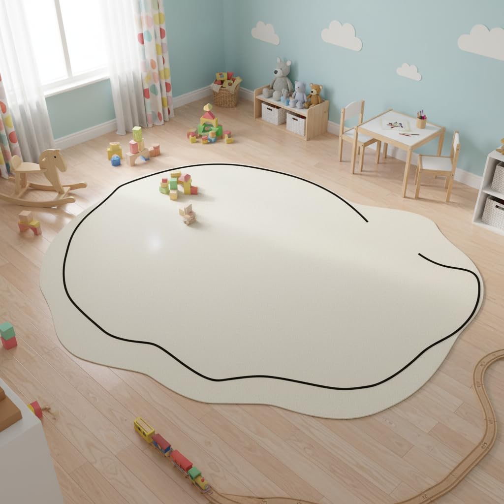 Irregular Shape Modern Minimalist Line White Rug 4x6 Boho Chic Washable Area Rug for Living Room Bedroom Diningroom Art Deco Home Office Carpet