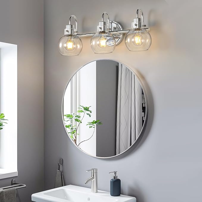 Bathroom Light Fixtures Polished Chrome 3 Light Vanity Light Wall Sconces Lighting with Clear Globe Glass Shades Bath Wall Mount Lamp for Mirror Kitchen Porch Living Room Bedroom Hallway(E26)