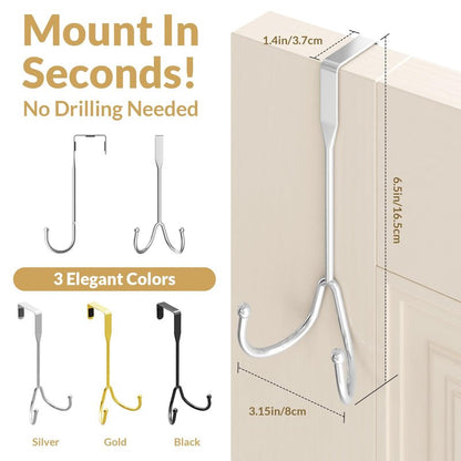 2 Pack Over The Door Hooks, Over The Door Hanger Heavy Duty Metal Double Hook, Over The Door Towel Rack for Bathroom, Door Hanger Hook & Door Coat Hanger for Coats, Robes, Towels, Bags (Silver)