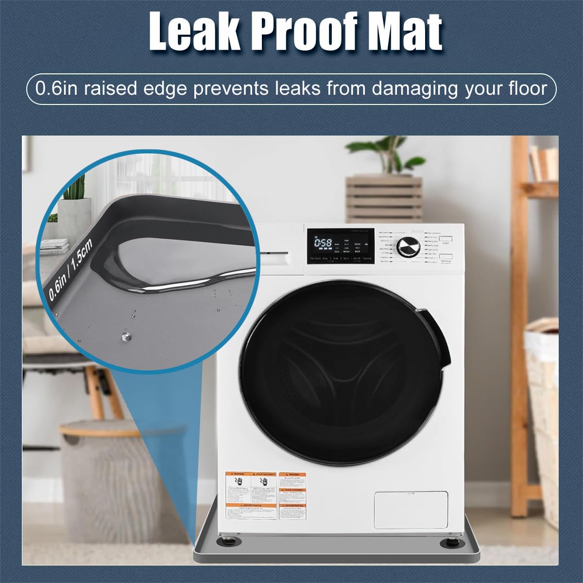 Washing Machine Drain Pan Washer Silicone Mat, Washer Tray Anti-Vibration Soft Bottom Pad Under Dryer Drip Pan Floor Protector, 27x27 Inch Non-Slip Leak Pan Waterproof Washer Drip Tray (Gray+4 pad)