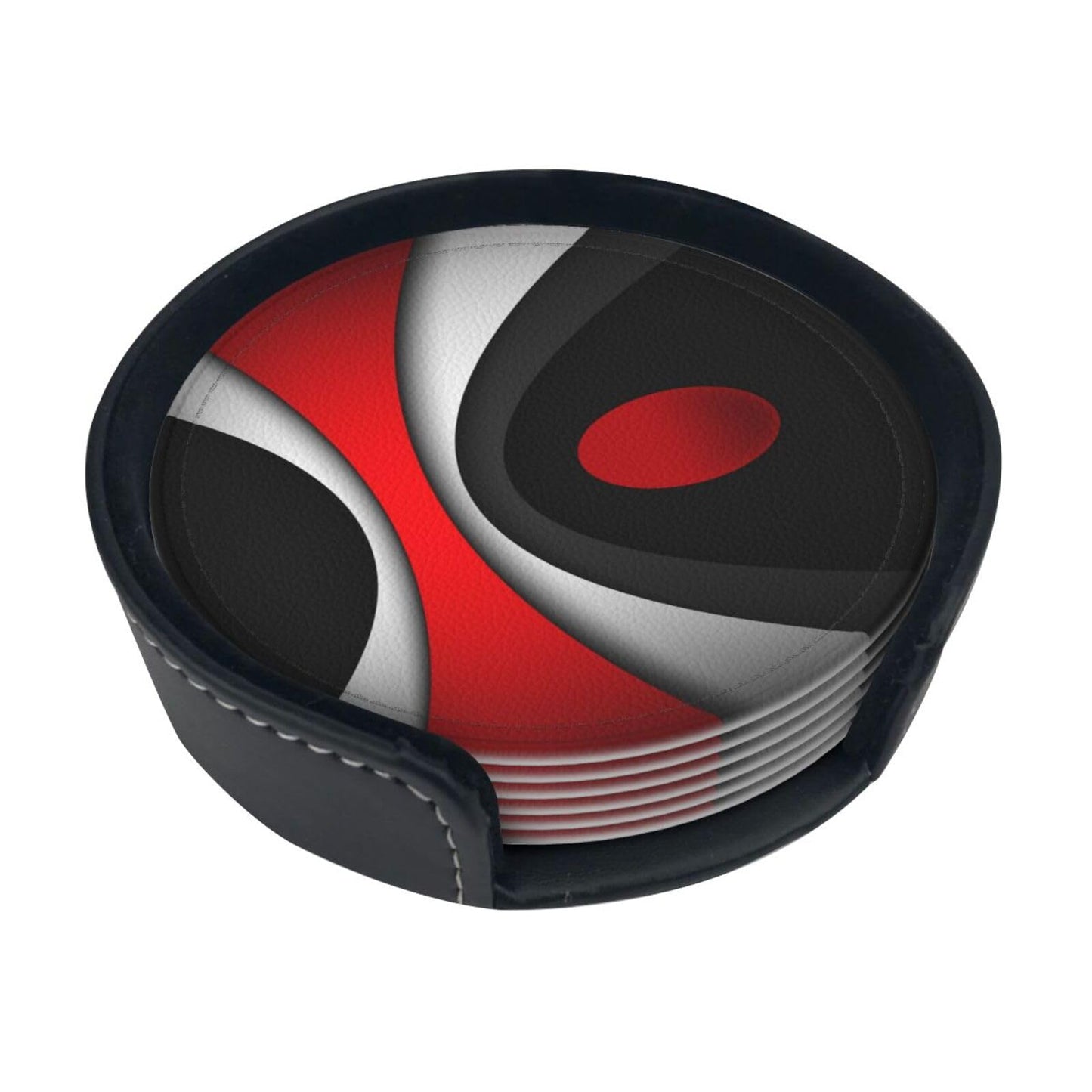 Keeawou Black in Modern Abstract Red Leather Drinks Coasters with Holder, Set of 6, Suitable for Various Cups