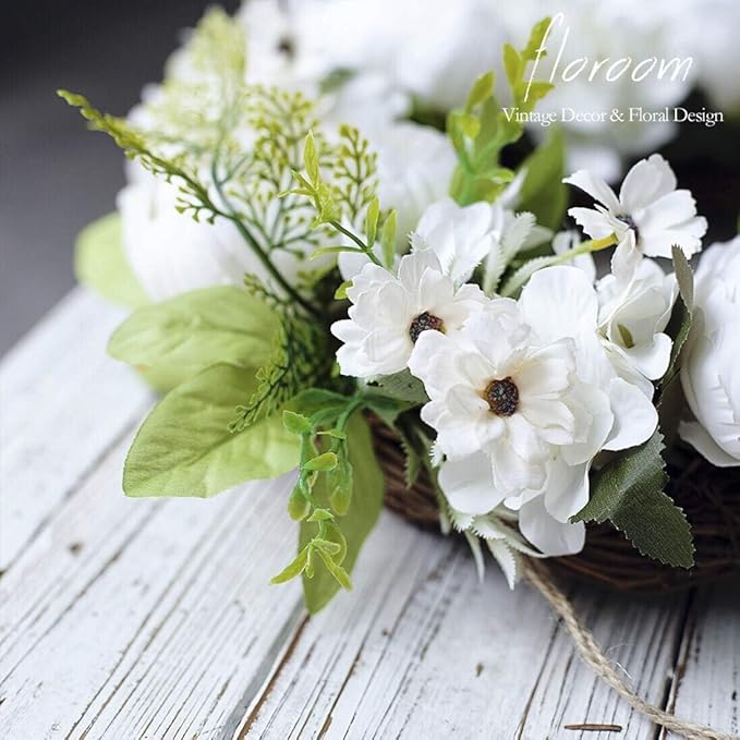 Floroom Floral Wreath, Artificial White Peony Wreath, 15"-16" Front Door Decorations Wall Decor