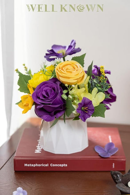 WELL KNOWN Small Fake Flowers in Plastic Vase 7" Centerpieces Coffee Table Decor, Silk Flower Arrangements for Home Decor Indoor Artificial Flower Bouquet for Dining Room Kitchen Wedding Yellow Purple
