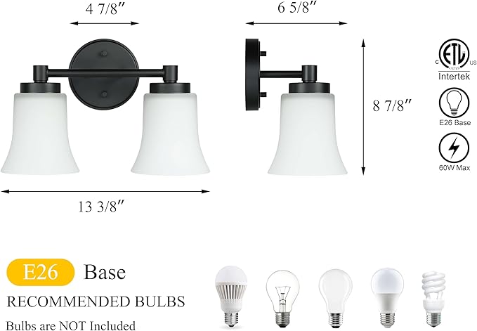 XiNBEi Lighting Bathroom Vanity Light, Vintage 2 Light Sconces Wall Light with Glass, Black Wall Mounted Light XB-W1235-2-MB