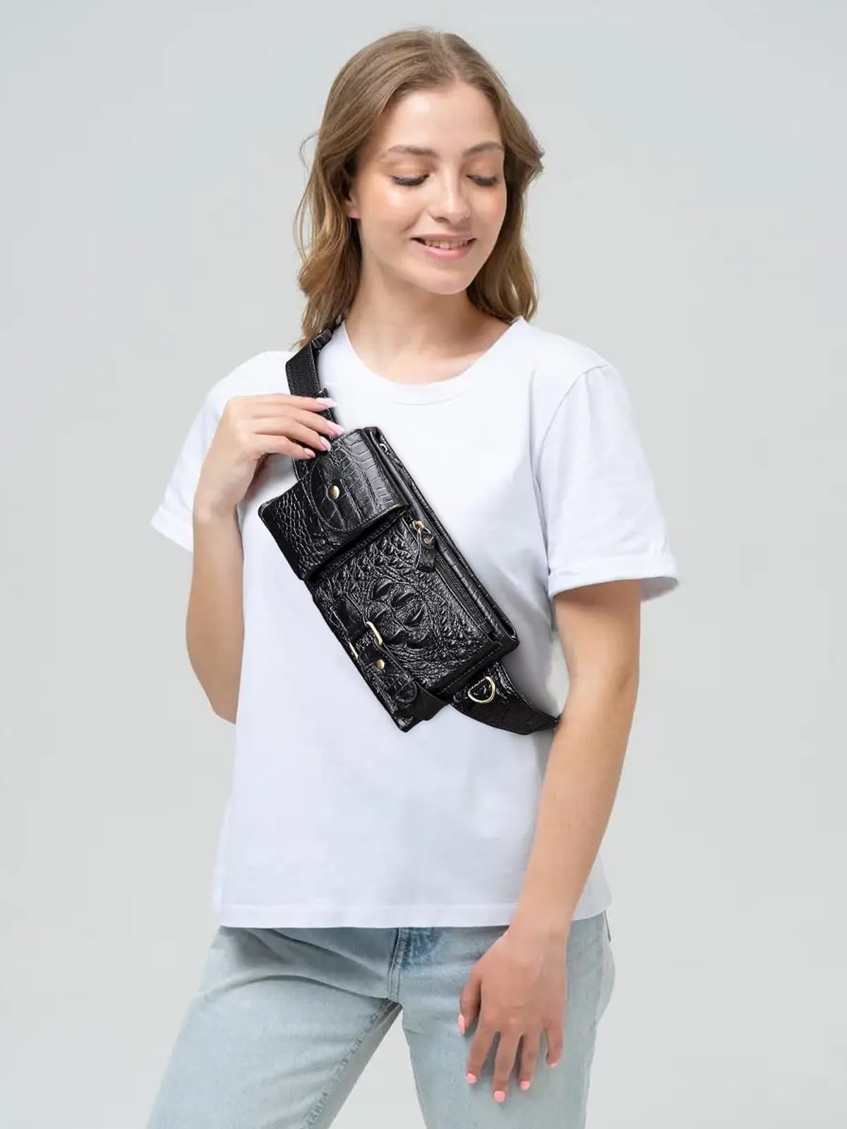Mens Fanny Pack, Rugged Genuine Leather Waist Bags for Men Bumbag Waist Pack for Hands-free Crocodile Black