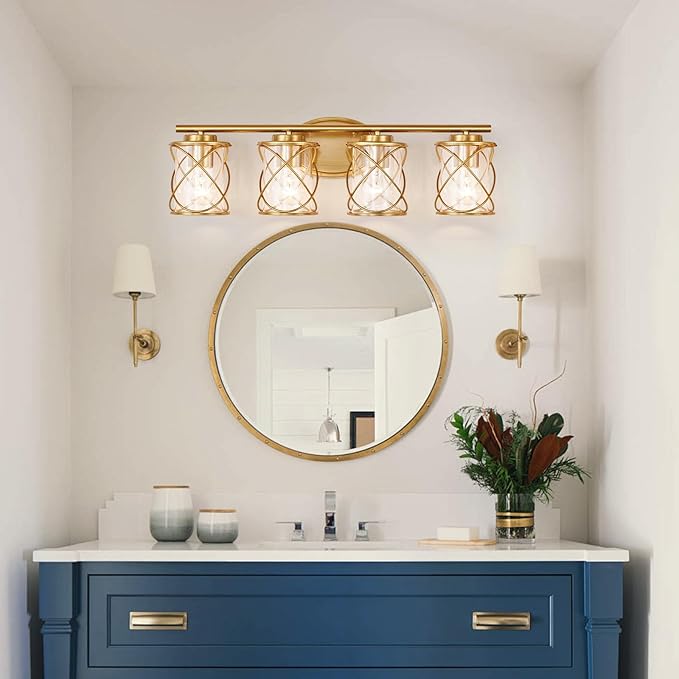 mavcadonf Bathroom Vanity Light Fixtures Over Mirror, 4 Lights Modern Bathroom Wall Lamp for Mirror Kitchen Living Room Hallway Cabinet Porch, Farmhouse Wall Lights with Cage Shade, Brushed Gold