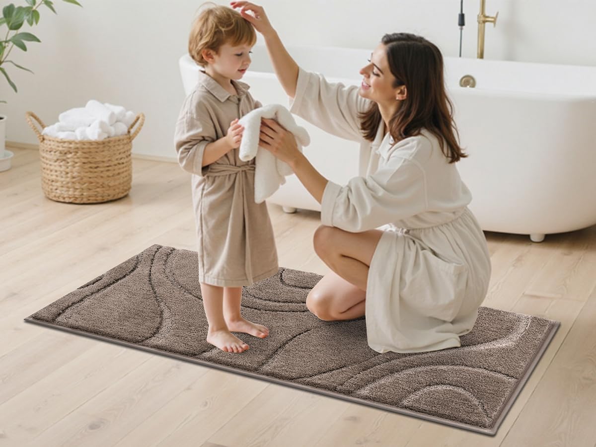 HEBE Bathroom Rug Sets 3 Piece, Non Slip Shower Mats with U-Shaped Contour Toilet Mat, Absorbent Microfiber Bath Mats for Bath Rugs, Washable Shaggy Floor Carpet, Coffee