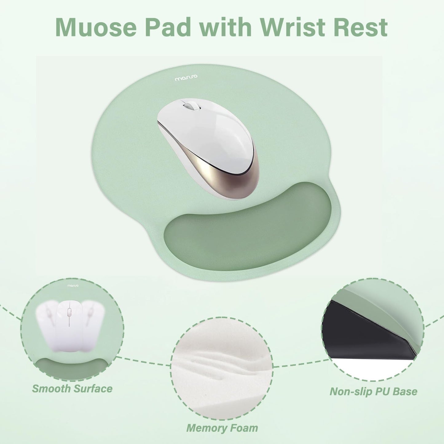 MOSISO Wrist Rest Support for Mouse Pad&Keyboard Set, Circle Curved Ergonomic Mousepad&Coaster Non-Slip Base Home/Office Pain Relief&Easy Typing Pad with Soft Cloth&Raised Memory Foam, Antique Green