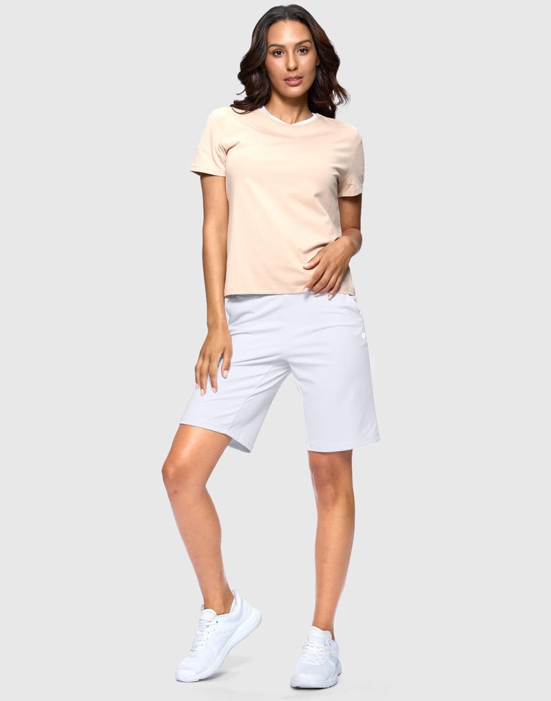 SANTINY Women's Bermuda Long Shorts with Pockets Drawstring High Waisted Athletic Knee Length Shorts for Women Workout