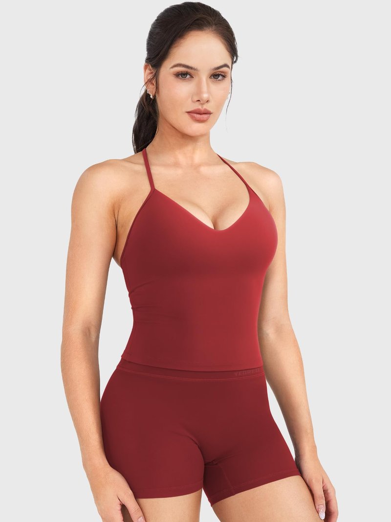 YEOREO CoreFlex Women's Impact Halter Tank Top Strappy Padded Open Back Deep V Neck Built-in Bra Workout Gym Crop Tops Maroon XL