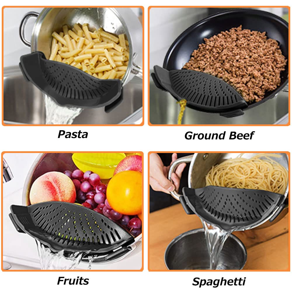 YEVIOR Clip on Strainer for All Pots Pan,Silicone Pasta Strainer Kitchen Gadgets,Collapsible Colander for Noodle,Vegetables,Fruit,Spaghetti (Grey)