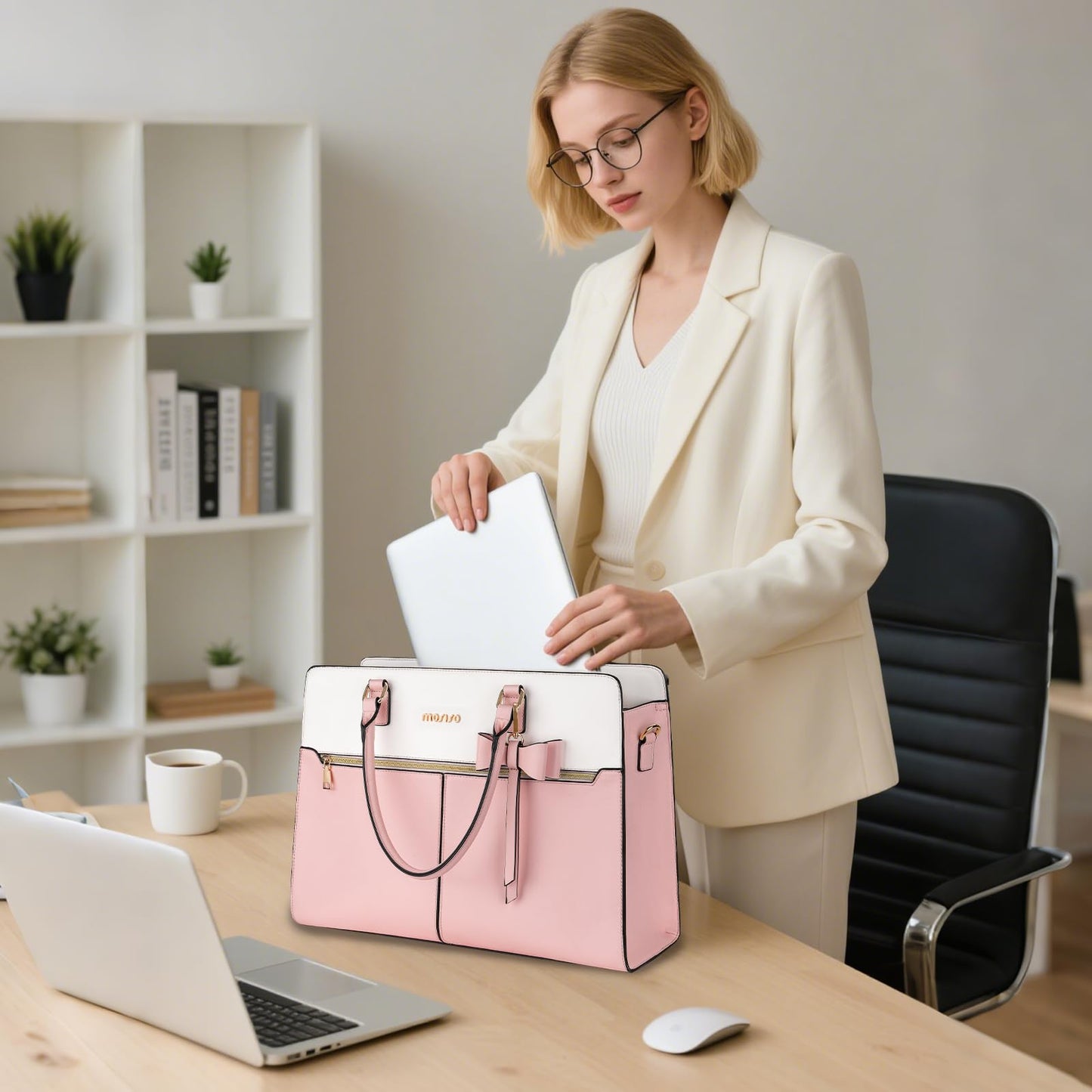 MOSISO Laptop Tote Bag for Women, 15.6 inch Waterproof PU Leather Work Bag with Clutch Purse & Bowknot, Large Capacity Handbag Shoulder Computer Bags Work Briefcase for Business Teacher Office, Pink