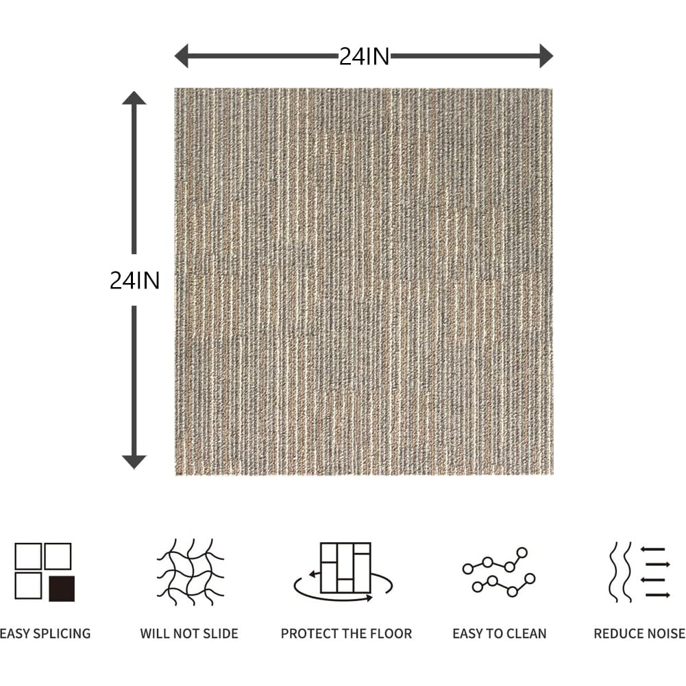 Backontro Commercial Carpet Tiles, 24" x 24" Squares, Non-Slip Soft Square Floor Tile, 18 Pieces/72 sq ft,Easy DIY with Flexlok Tabs for Office, Bedroom, Living Room (1 Box,Kahki)