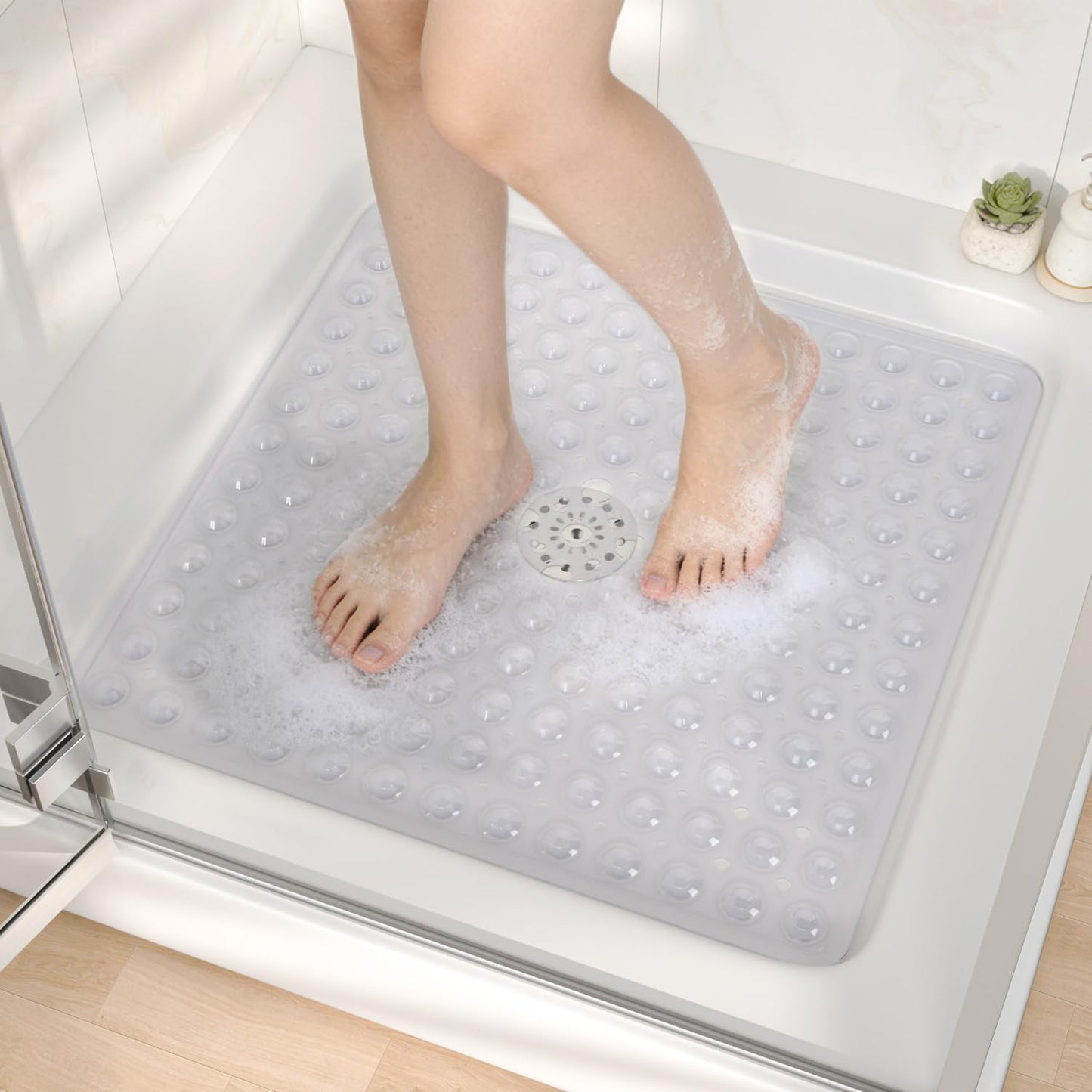 HITSLAM 21x21 Inch Square Shower Mat Non Slip, Anti Slip Bathtub Mat with Strong Suction Cups & Drainage Holes, Machine Washable Bathroom Floor Mat for Inside Shower Stall and Tub, Clear