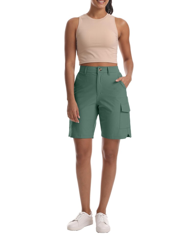 Kcutteyg Women's Lightweight Hiking Cargo Shorts with Pockets-8" Inseam Water Resistant Athletic Shorts for Golf Camping Casual(Grey Green, X-Large)