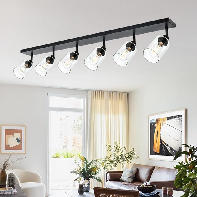 VINLUZ 6 Light Multi-Directional Rotating Metal Ceiling Spotlight with Adjustable Track Heads Classic Bathroom Vanity Wall Lighting with Clear Shade in Black Finish