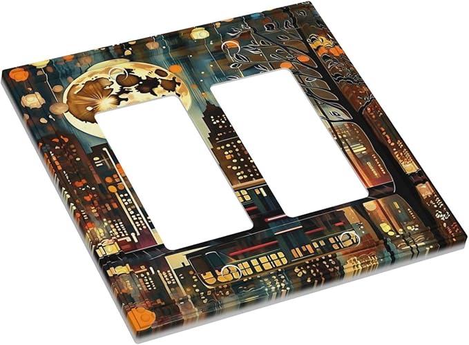 City Light Moon Bus Abstract Art Dual Outlet Covers Wall Plate 2 Gang Rocker Decora Decorative Switchplate Electrical Faceplate GFCI Light Switch Covers for Farmhouse Living Decor