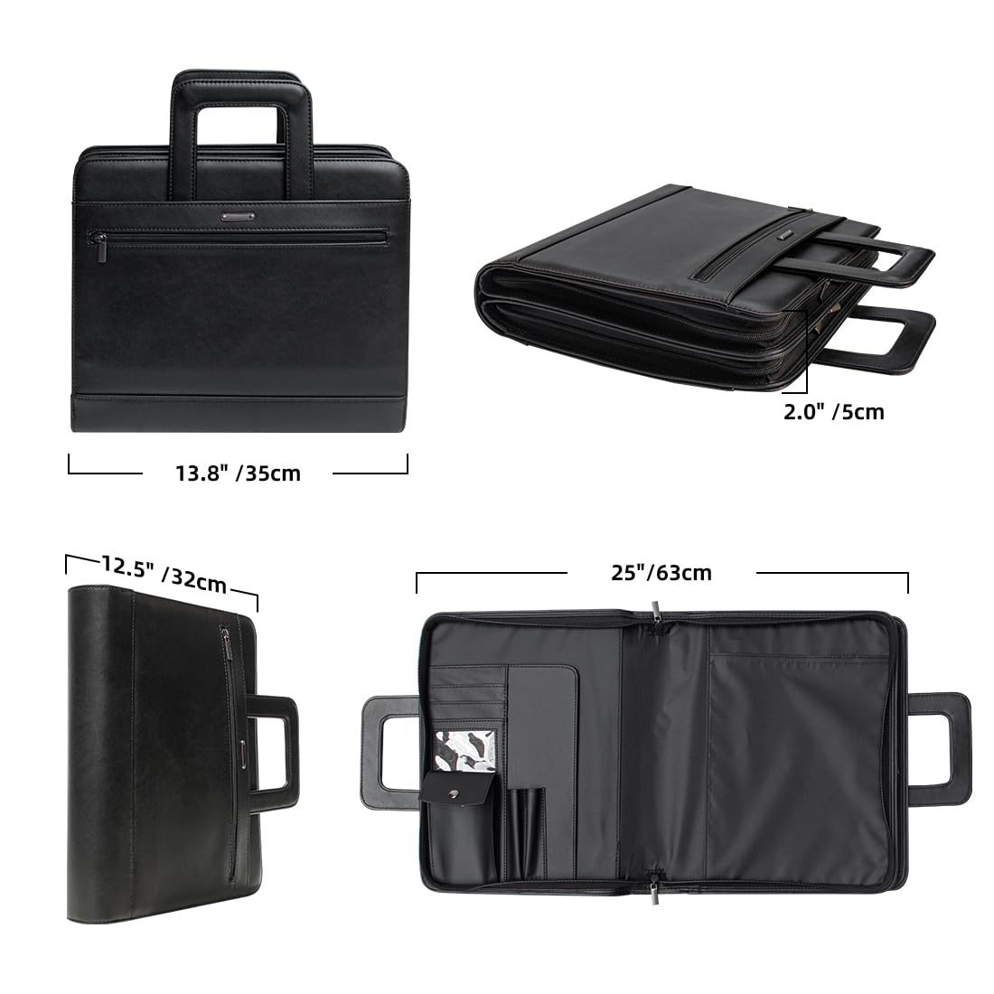 14" Laptop Briefcase, Vegan Leather Portfolio with Zipper Compartments x 2, A4 Papers Holder Padfolio Organizer, Brown