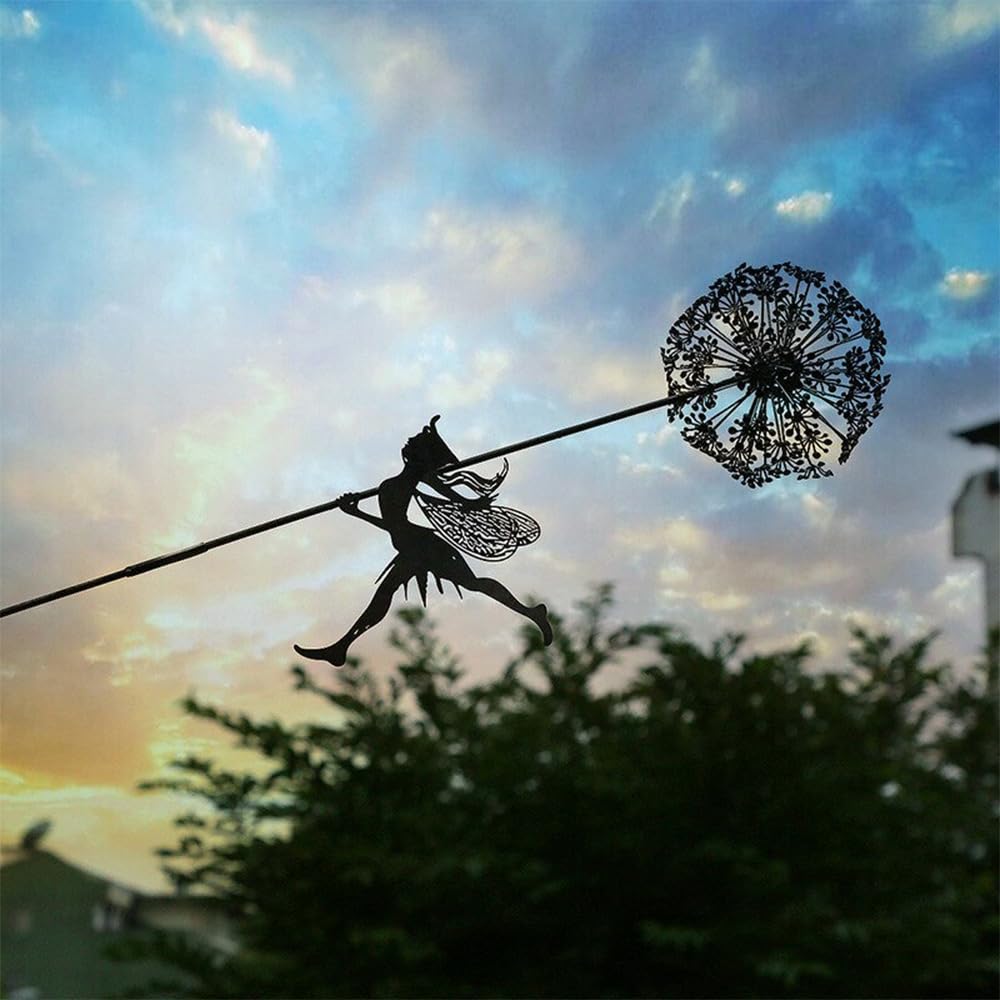 Fcteap Flower Fairy Dancing with Dandelion Garden Art Sculpture Stainless Steel Statue Christmas Halloween Decoration for Outdoor Yard Courtyard Lawn Patio Metal Ornaments (Long Travel)