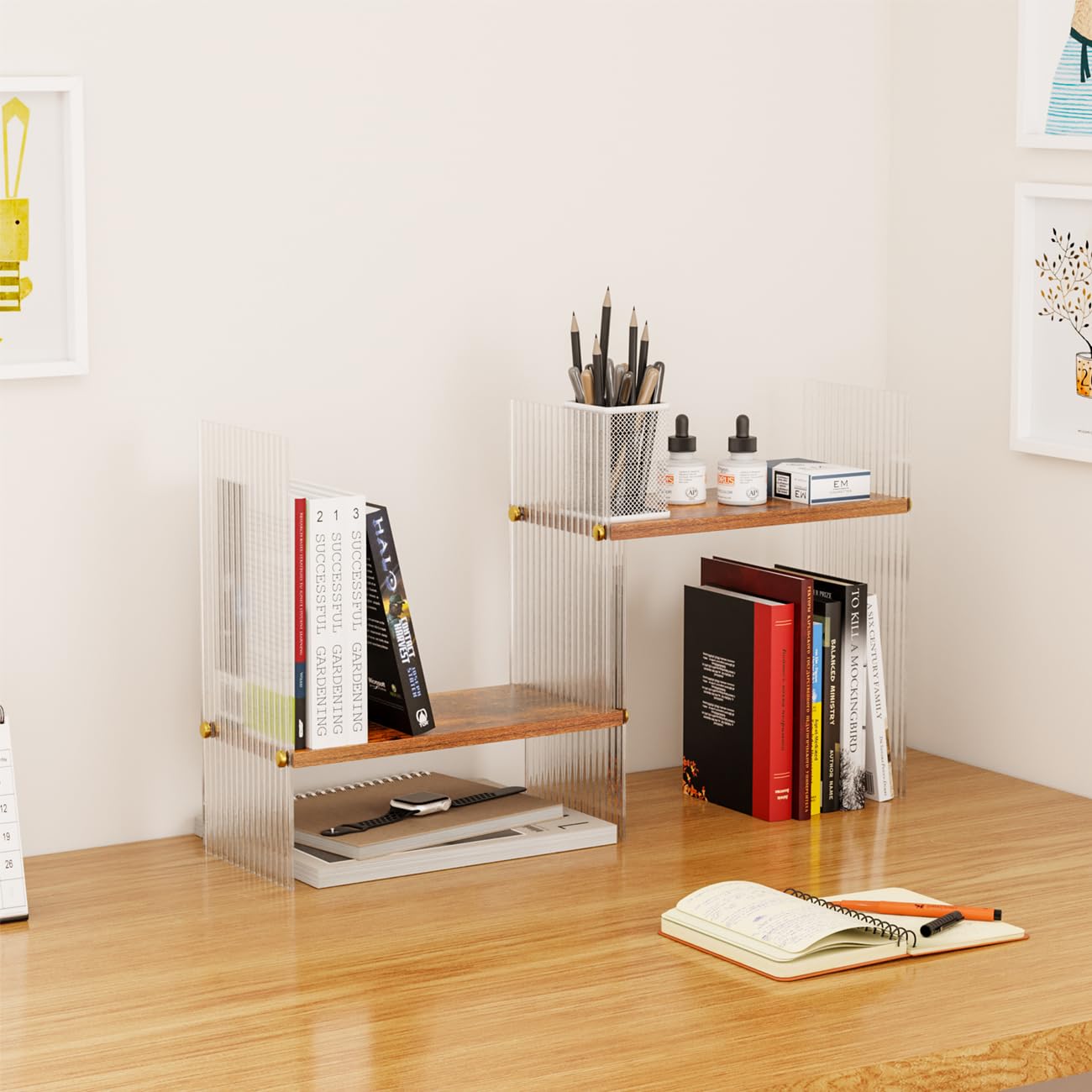 BYCY Double H Display Bookshelf Desktop Organizer Office Storage Rack Desk Expandable Wood Display Shelf with Acrylic Side Board Free Style Display Adjustable Stackable for Home Office (Black Brown)