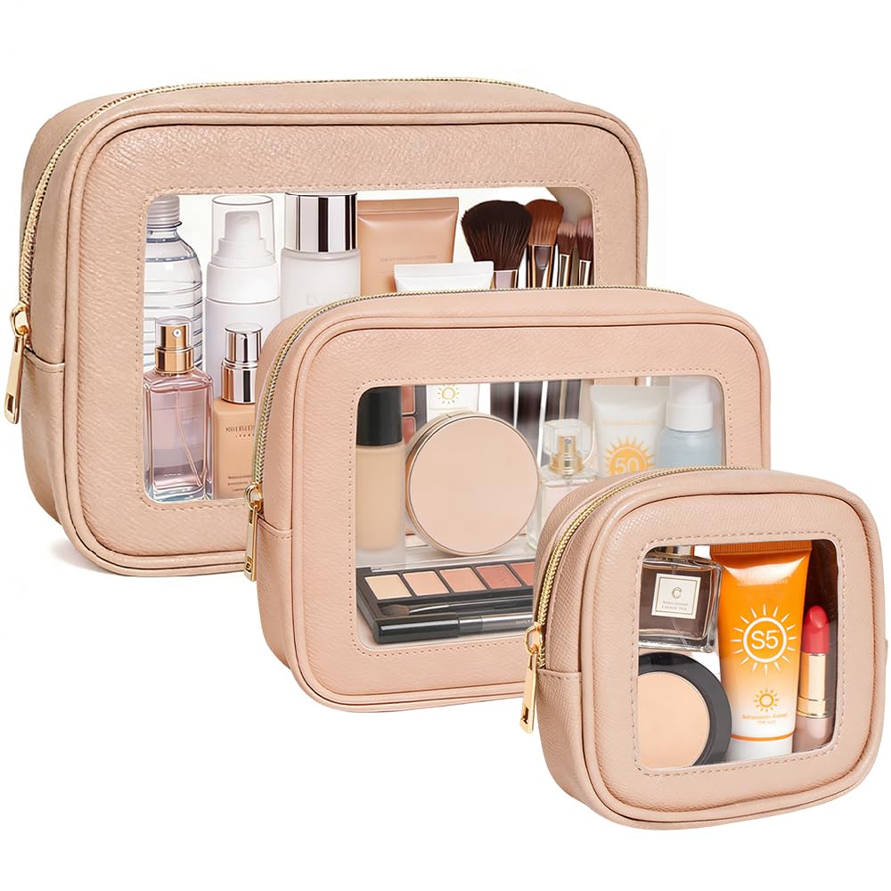 3Pcs Clear Makeup Bag Set for Women, Waterproof Travel Clear Makeup Bag Small Toiletry Bag Skincare Pouch Portable Travel Cosmetic Bag with Zipper Compact Car Organizer Bag for Essentials (Pink Set)
