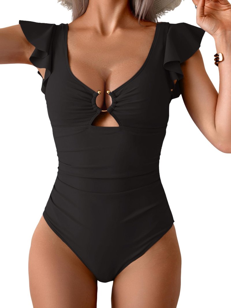 Eomenie Womens Ruffled One Piece Swimsuit Slimming Tummy Control Bathing Suit V-Neck Cutout Swimwear for Resort Wear Black