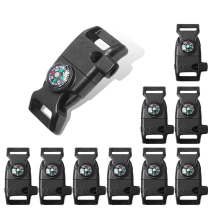 10pcs Pack Black 5/8" Compass Flint Scraper Fire Starter Whistle Buckle Plastic Paracord Bracelet Outdoor Camping Emergency Survival Travel Kits #FLC158-FWC(Black)