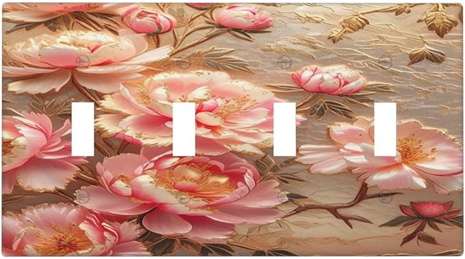 Pink Blooming Flowers Peonies Floral Light Switch Covers Quad Toggle 4 Gang Wall Plate Decorative Switch plate Electrical Faceplate for Farmhouse Living Decor