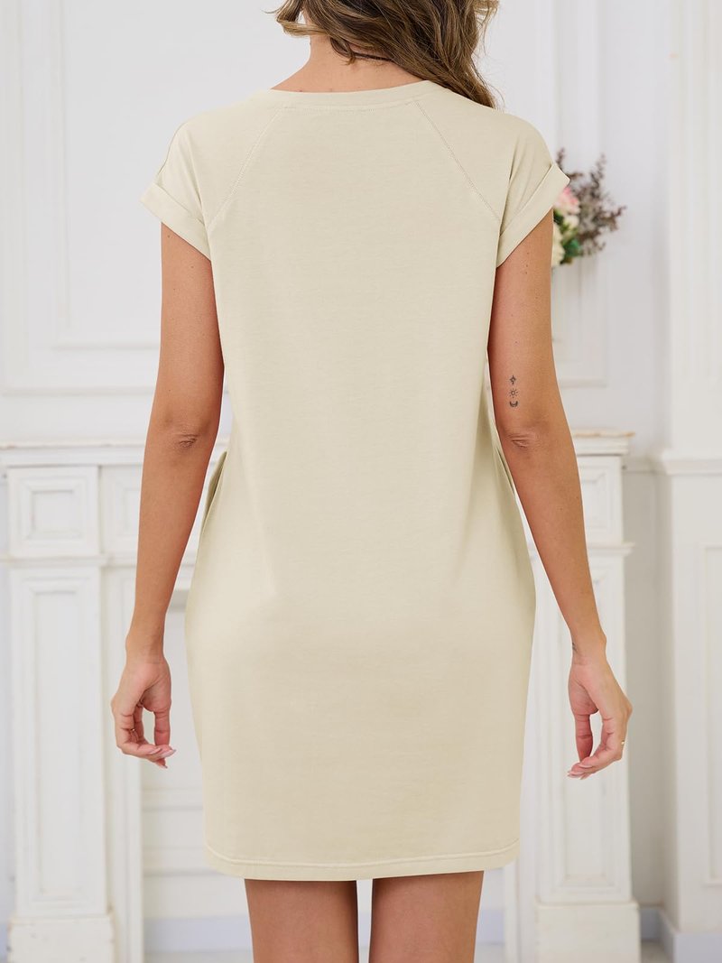 UNCLECAT Womens T Shirt Midi Dresses Summer Cap Sleeve Crewneck Loose Fit Casual Dress with Pockets Apricot