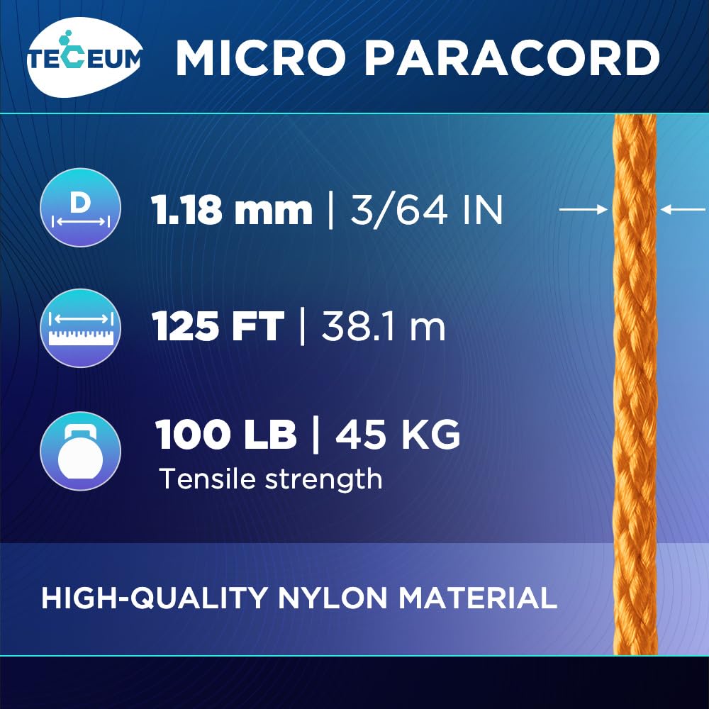 TECEUM Micro Paracord – Purple – 1.18 mm x 125 ft – Micro Utility Cord – Thin Braided Paracord Rope Nylon Polyester – Wind Chime Replacement – Survival Strong String 026c