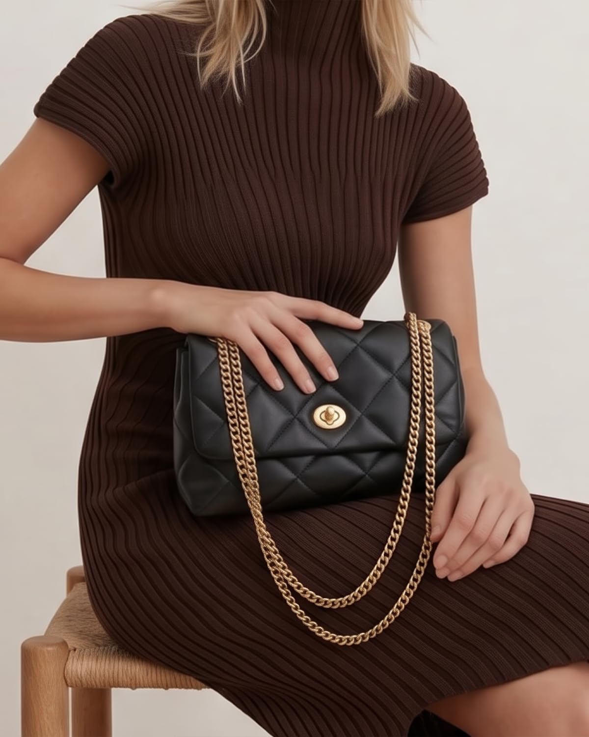 Apryl Quilted Crossbody Bags for Women - Shoulder Bag with Chain Purse Strap - Small Trendy Soft PU Vegan Leather Designer Purses - Black