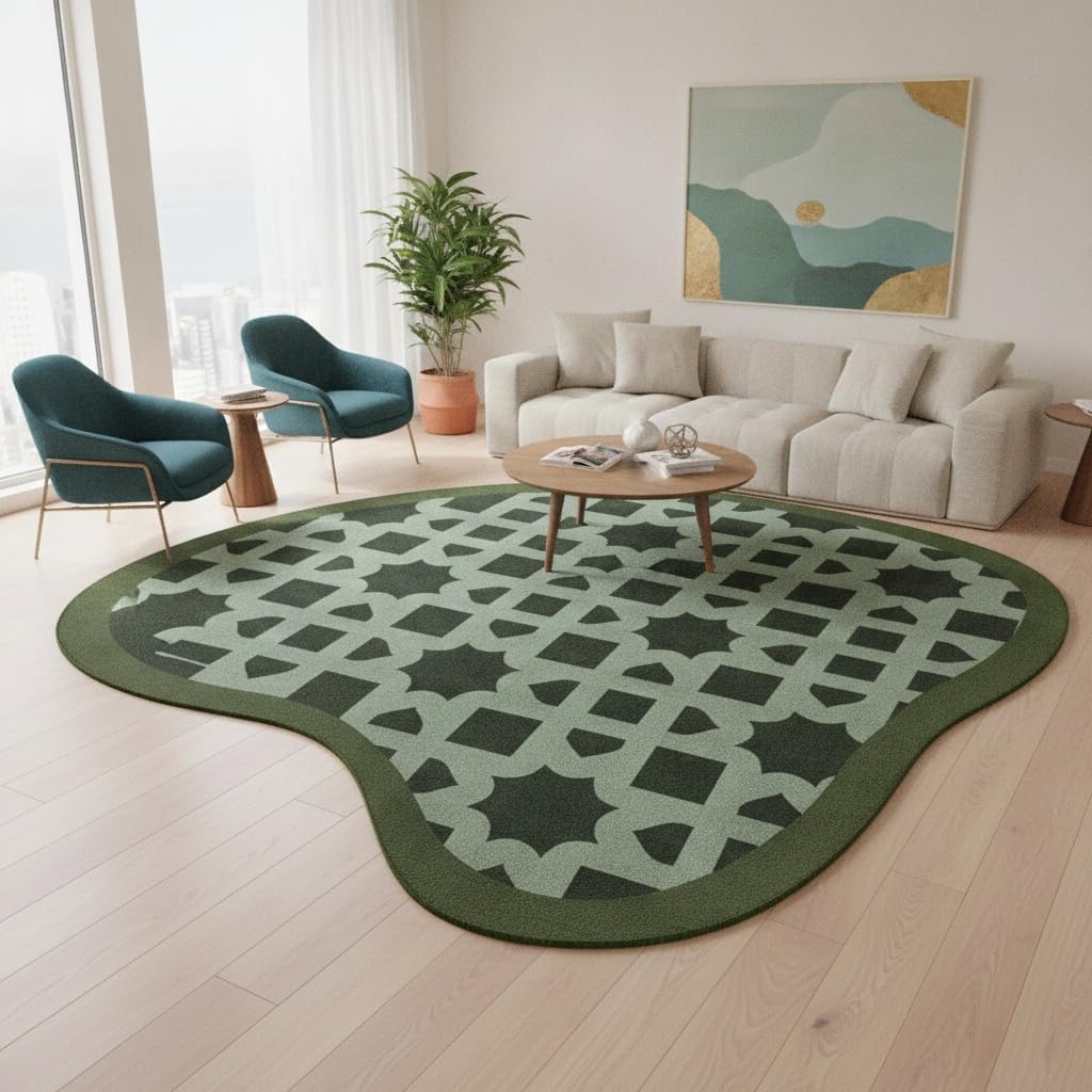 Navy Blue Beige Green Irregular Shaped Rug Modern Abstract Unique Geometric Pattern Art Deco Area Rug for Living Room Bedroom Kitchen Non Slip Stain Resistant Under Dining Table Floor Rug 3ft