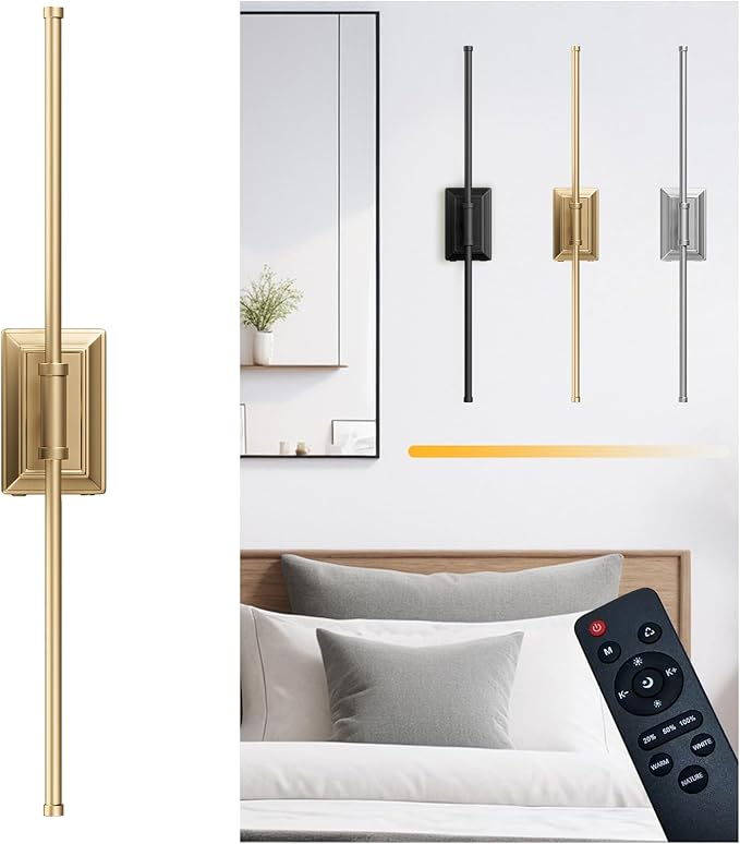 Battery Operated Wall Light Set of 1 - Gold Picture Wireless Led Plug In Walls Sconce Fixture Indoor - Art Decor Bathroom Sconces Rechargeable - Modern Bedroom Cordless Lights Fixtures with Remote